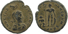 ARCADIUS (383-408). Ae. Kyzikos
Pearl-diademed, draped and cuirassed bust right, holding spear and shield; crowning manus Dei above.
Arcadius standi...