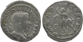 Gordian III AR Denarius. Rome, AD 240. 
IMP GORDIANVS PIVS FEL AVG, Laureate, draped, and cuirassed bust right 
P M TR P III COS P P, Gordian on horse...