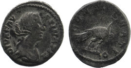 Fustina II (147-176). Denarius. Rome.
DIVA FAVSTINA PIA.
Draped bust right.
Rev: CONSECRATIO.
Peacock advancing right, head turned left.
RIC 744.
3,14...