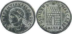 Constantius II Æ Nummus. Antioch, AD 325-326.
Obv: FL IVL CONSTANTIVS NOB C, draped and cuirassed bust left
Rev: PROVIDENTIAE CAESS, camp gate, two ...