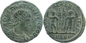Constans I, as Caesar (Constantine I, 306-337), Nummus, Antioch, AD 335; AE
Laureate and cuirassed right.
Rev: Two soldiers standing facing one anothe...