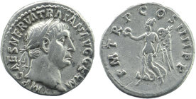 Trajan, 98-117. Denarius. Rome, 101-102.
IMP CAES NERVA TRAIAN AVG GERM Laureate head of Trajan to right, wearing slight drapery on left shoulder
Re...
