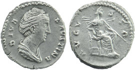 Diva Faustina I AR Denarius. Struck Under Antoninus Pius. Rome, after AD 141.
DIVA FAVSTINA, draped bust right.
Rev:AVGVSTA, Juno or Vesta, veiled, se...