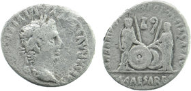 Augustus AR Denarius. Lugdunum, 
laureate head right 
Rev: Gaius and Lucius Caesars standing . facing, two shields and two spears between them; lituus...