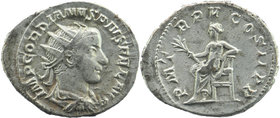 Gordian III, 238-244. Antoninianus AR
Rome, 241.
IMP GORDIANVS PIVS FEL AVG Radiate, draped and cuirassed bust of Gordian to right.
Rev. P M TR P I...