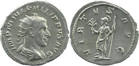 Philip I (244-249), Antoninianus, Rome, AD 248; AR
IMP M IVL PHILIPPVS AVG, Radiate, draped and cuirassed bust r. R/ P M TR P II COS P P,
Rev: Mars ...