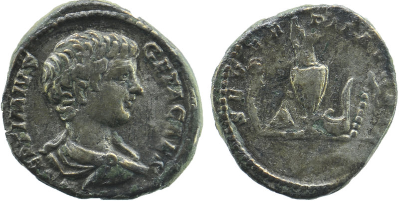 Geta, as Caesar, AR Denarius. Rome, AD 203. 
Obv; P SEPTIMIVS GETA CAES, bare he...