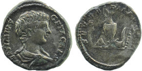 Geta, as Caesar, AR Denarius. Rome, AD 203. 
Obv; P SEPTIMIVS GETA CAES, bare headed and draped bust right
Rev: SEVERI PII AVG FIL, emblems of the pon...