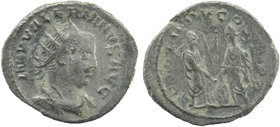 Valerian I. A.D. 253-260. AR antoninianus. Antioch mint, struck A.D. 257
Obv: IMP VALERIANVS AVG, radiate, draped and cuirassed bust right.
Rev: P M T...