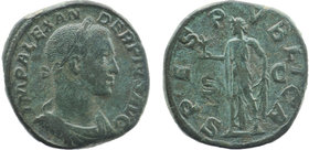 Severus Alexander (222-235 AD). AE Sestertius Spes reverse
laureate, draped and cuirassed bust right.
Spes walking left, holding flower and raising ...