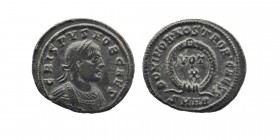 CRISPUS (Caesar, 316-326). Follis. Heraclea.
Obv: CRISPVS NOB CAES.
Laureate and cuirassed bust right.
Rev: DOMINOR • NOSTROR • CAESS.
VOT / X in ...