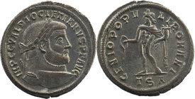 Diocletian (AD 284-305) AE follis
Laureate and cuirassed bust of Diocletian to right 
Genius, naked but for cloak, standing left, holding patera in hi...