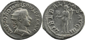 Gordian III. A.D. 238-244. AR antoninianus. Roma .
IMP CAES M ANT GORDIANVS AVG, radiate, draped and cuirassed bust of Gordian III right.
Rev: LIBER...