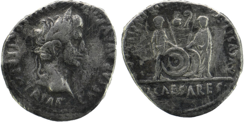 Augustus AR Denarius. Lugdunum, 2 BC - AD 12.
CAES[AR AVGVSTVS DI]VI F PATER PA...