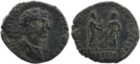 Hadrian. AD 117-138. AR Denarius. Rome mint. Struck AD 117. 
Laureate, draped, and cuirassed bust right 
Rev: Trajan and Hadrian standing vis-à-vis, c...