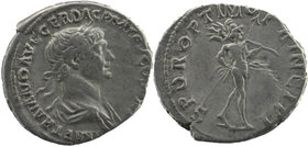 Trajan (AD 98-117). AR denarius. Rome, AD 114-117
Laureate, draped bust of Trajan right / Mars advancing right carrying spear and trophy. RIC 337. RSC...