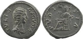 Julia Domna AR Denarius.
Caracalla (198-217 AD) for Iulia Domna.
Obv. IVLIA PIA FELIX AVG, Draped bust right.
Rev. PVDICITIA, Pudicitia, veiled, seate...