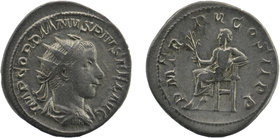 Gordianus III Pius (238-244 AD). AR Antoninianus 
 Radiate, draped and cuirassed bust right.
 Apollo seated left, resting elbow on lyre. 
RIC IV, p. 2...