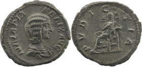 Julia Domna. AD 196-202 AR Denarius
Obv. IVLIA PIA FELIX AVG, Draped bust right.
Rev. PVDICITIA, Pudicitia, veiled, seated left, facing front, right h...