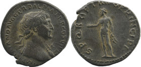 Trajan AD 98-117. Rome Denarius AR
laureate bust right
Genius standing left, holding patera and grain ears.
RIC 347 var.
3,17 gr. 19mm