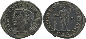 CONSTANTIUS I. As Caesar, 293-305 AD. Æ Follis 
 Lugdunum (Lyon) mint. Struck circa 301-303 AD.
Laureate bust left, wearing imperial mantle, holding e...