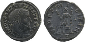 Constantius I, 305-306. Follis. 
Ticinum, 305. 
IMP C CONSTANTIVS P F AVG Laureate head of Constantius I to right. 
Rev. FIDES MILITVM / ST Fides seat...