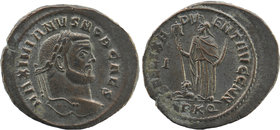 Maximianus Herculius (286-305 AD). AE Follis Carthago Mint
Obv. IMP MAXIMIANVS P F AVG, Laureate head right.
Rev. FELIX ADVENT AVGG NN, Africa standin...