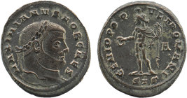 GALERIUS MAXIMIANUS (305-311). Silvered Follis. Siscia. AE
Obv: MAXIMIANVS NOB CAES.
Laureate head right.
Rev: GENIO POPVLI ROMANI,.Genius standing le...