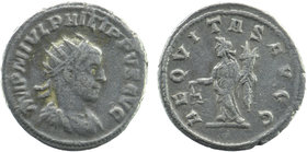 Philip II AR Antoninianus. Antioch, 247.
Radiate, draped and cuirassed bust right.
Rev: Aequitas standing left., holding scales and cornucpiae.
RIC...