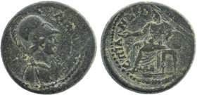 LYDIA. Sala. Pseudo-autonomous. Time of Hadrian (117-138). Ae
Helmeted bust of Athena right, wearing aegis.
Rev: Kybele seated left on throne, holdi...