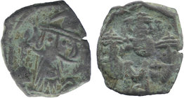 Constans II, 641-668, AE follis. Constantinople
Constans bust facing, with long beard, plumed helmet ornamented with cross, holding cross on globe.
Re...