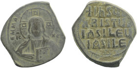 Anonymous follis, time of Basil II and Constantine VIII (970 – 1092). AE Follis uncertain mint circa 1020-1028.
Obv. EMMA – NOYHL (?), Bust of Christ ...