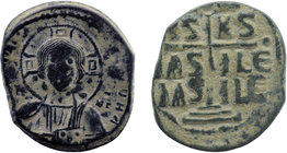Anonymous (attributed to Romanus III). Ca. 1028-1034. AE follis 
Nimbate bust of Christ facing, square in each limb of cross; wearing pallium and coll...
