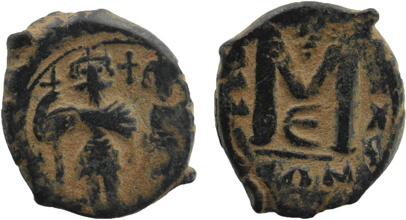 ARAB-BYZANTINE: Emperor standing, ca. 650s-670s, AE fals
pseudo-mint CON, blunde...