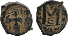 ARAB-BYZANTINE: Emperor standing, ca. 650s-670s, AE fals
pseudo-mint CON, blundered text, with pseudo-date X X to right, ANNO to left, Large M, E belo...