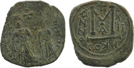 Heraclius, with Heraclius Constantine. 610-641. AE Follis
Constantinople mint,
Heraclius, holding long cross, and Heraclius Constantine, holding globu...