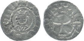 Cilician Armenia. Levon I, 1199-1226. Denier, AR 
Crowned bust facing. 
Rev. Cross. 
Nercessian 280. BNC XIV, 1:2. Rare Type
0,65 gr. 14 mm