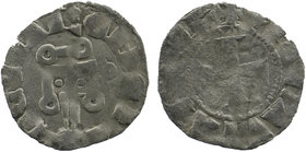 CRUSADERS, Principality of Achaea. Mathilde de Hainaut. 1316-1321
Type 1. Clarencia (Glarentza) mint. Cross pattée
Châtel tournois, pheon below; annul...