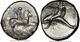 CALABRIA. Tarentum. Ca. early 3rd century BC. AR didrachm (21mm, 5h). NGC Fine. Nude warrior on horse rearing right, shield and two lances in left han...