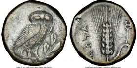 LUCANIA. Metapontum. Ca. 325-275 BC. AR Drachm (15mm, 1h). NGC XF. META, owl standing right, head facing, on olive spray; ΣI to left / Barley ear with...