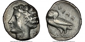 LUCANIA. Velia. Ca. 450-400 BC. AR drachm (16mm, 2h). NGC VF. Head of nymph left / YEAH, owl standing left, head facing slightly right, olive sprig be...
