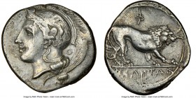 LUCANIA. Velia. Ca. 340-280 BC. AR didrachm (21mm, 2h). NGC VF. Theta group, ca. 340-334 BC. Head of Athena left, wearing crested Attic helmet decorat...