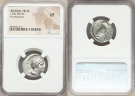 LUCANIA. Velia. Ca. 340-280 BC. AR didrachm (21mm, 4h). NGC VF. Helmeted head of Athena right, wearing Attic helmet surmounted by griffin / Lion stand...