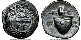 MACEDONIAN KINGDOM. Regional Issues (ca. 187-168 BC). AR tetrobol (16mm, 1h). NGC Choice XF. Amphipolis. MA/KE, Macedonian shield; horizontal club spl...