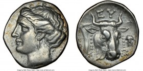 EUBOIA. Euboean League. Ca. 304-290 BC. AR drachm (16mm, 11h). NGC XF. Head of the nymph Euboea left / EY, filleted head of bull right, head of Silenu...
