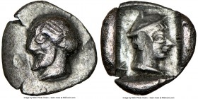 ARCADIA. Mantineia. Ca. 470-450 BC. AR hemiobol (7mm, 0.50 gm, 6h). NGC Choice XF 5/5 - 3/5, scuff. Diademed, bearded head of Zeus to left / Youthful ...
