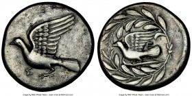 SICYONIA. Sicyon. Ca. 350-320 BC. AR drachm (18mm, 2h). NGC VF. Dove alighting left, Σ below / Dove flying left, E above tail, all within olive wreath...