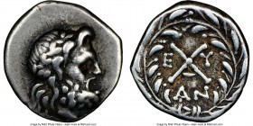 ACHAEAN LEAGUE. Antigoneia (Mantineia). Ca. early 2nd Century BC. AR hemidrachm (15mm, 2.24 gm, 1h). NGC VF 5/5 - 4/5. Laureate head of Zeus right / A...