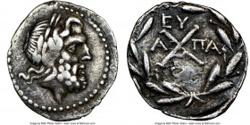 ACHAEAN LEAGUE. Patrae. Ca. 1st century BC. AR hemidrachm (15mm, 2.36 gm, 8h. NGC VF 4/5 - 3/5, scratches. Ca. 86 BC. Laureate head of Zeus right / Ac...