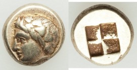 IONIA. Phocaea. Ca. 387-326 BC. EL sixth stater or hecte (10mm, 2.54 gm). VF. Horned head of young Pan left, wearing ivy wreath / Quadripartite incuse...